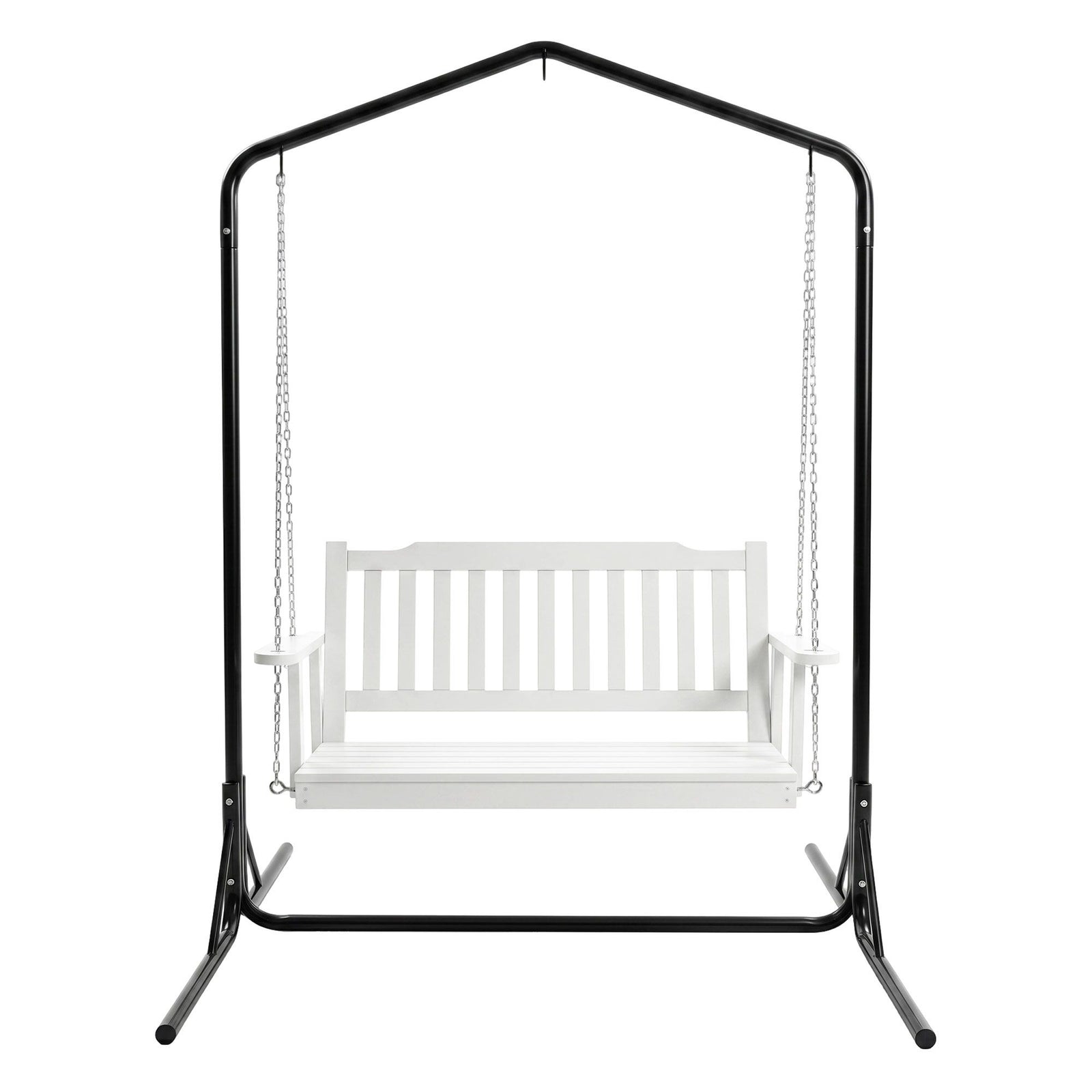 Wooden 2-Seater Outdoor Swing Chair with Black Stand White Hanging Chair