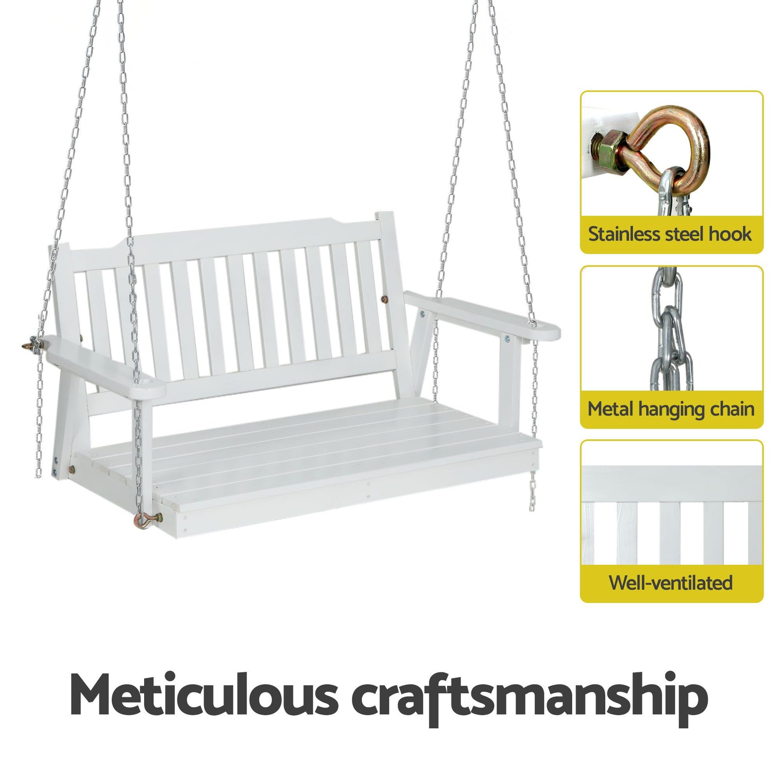 Wooden 2-Seater Outdoor Swing Chair with Black Stand White Hanging Chair