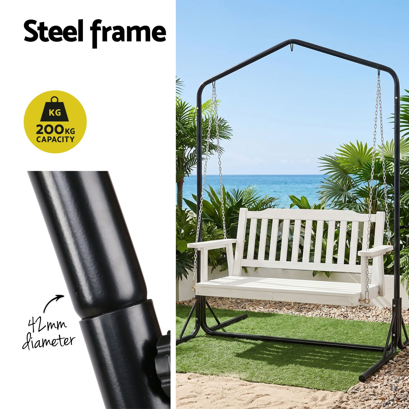 Wooden 2-Seater Outdoor Swing Chair with Black Stand White Hanging Chair