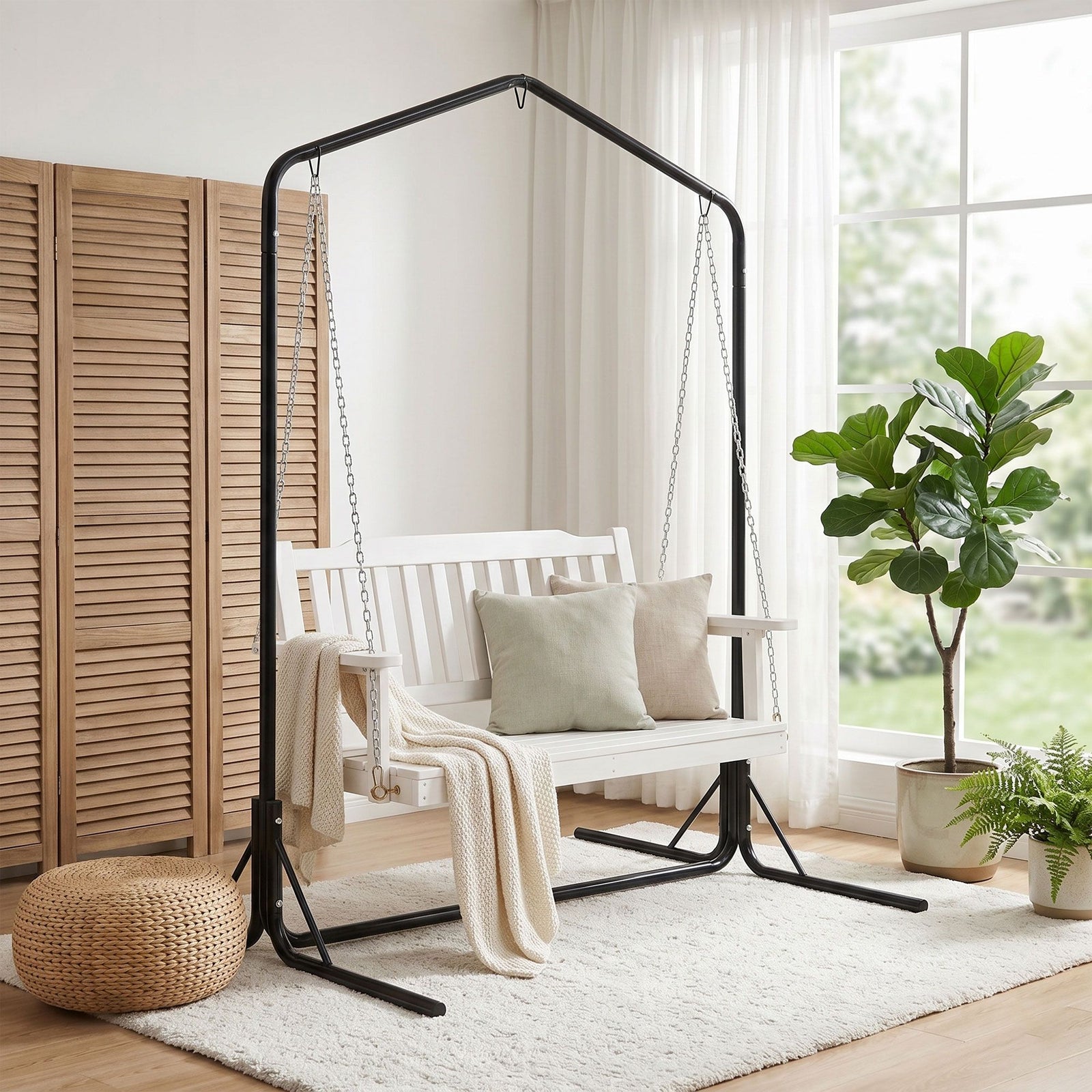 Wooden 2-Seater Outdoor Swing Chair with Black Stand White Hanging Chair