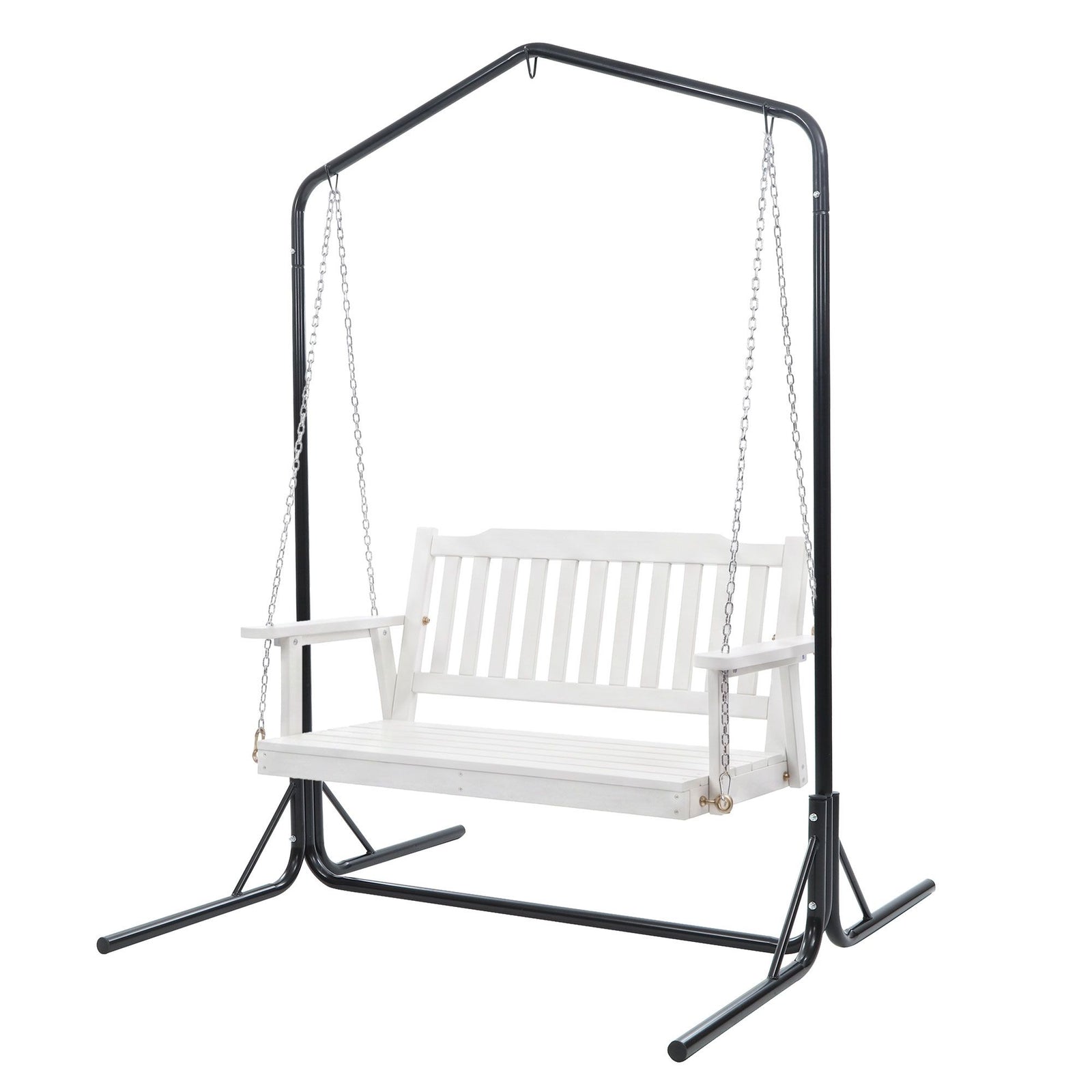 Wooden 2-Seater Outdoor Swing Chair with Black Stand White Hanging Chair