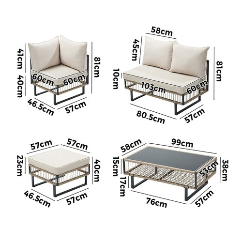 9-Piece Rope Weave Outdoor Sofa Set with Tempered Glass Coffee Table