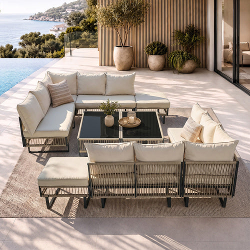 9-Piece Rope Weave Outdoor Sofa Set with Tempered Glass Coffee Table
