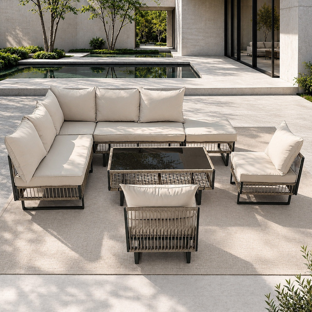 Livsip 7-Piece Rope Weave Outdoor Sofa Set with Tempered Glass Table, Khaki