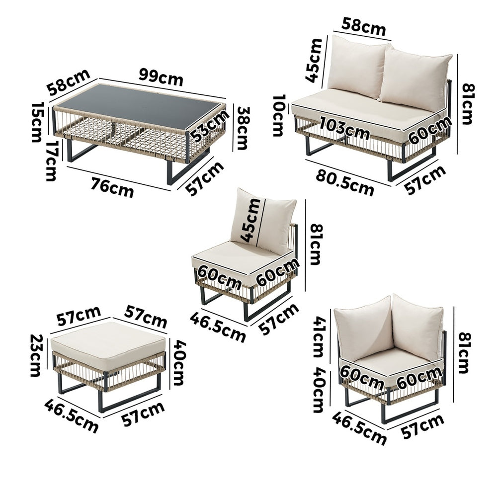 Livsip 7-Piece Rope Weave Outdoor Sofa Set with Tempered Glass Table, Khaki