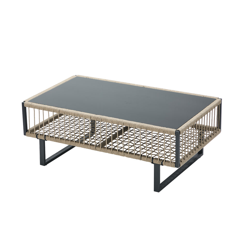 Livsip 7-Piece Rope Weave Outdoor Sofa Set with Tempered Glass Table, Khaki