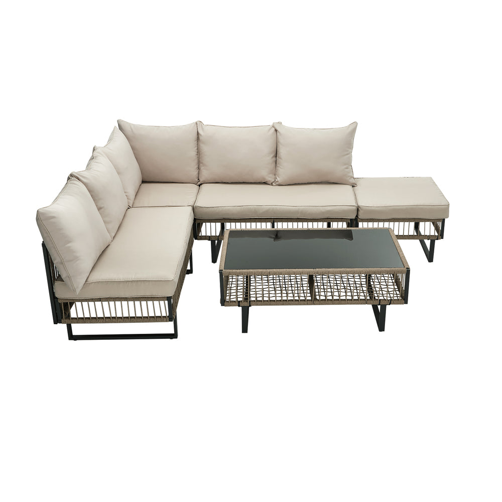 5-Piece Rope Weave Outdoor Sofa Set with Tempered Glass Table, Khaki
