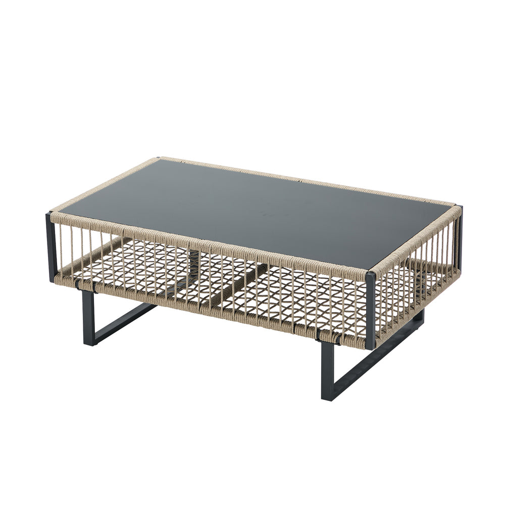 5-Piece Rope Weave Outdoor Sofa Set with Tempered Glass Table, Khaki
