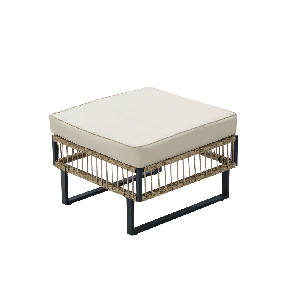 5-Piece Rope Weave Outdoor Sofa Set with Tempered Glass Table, Khaki