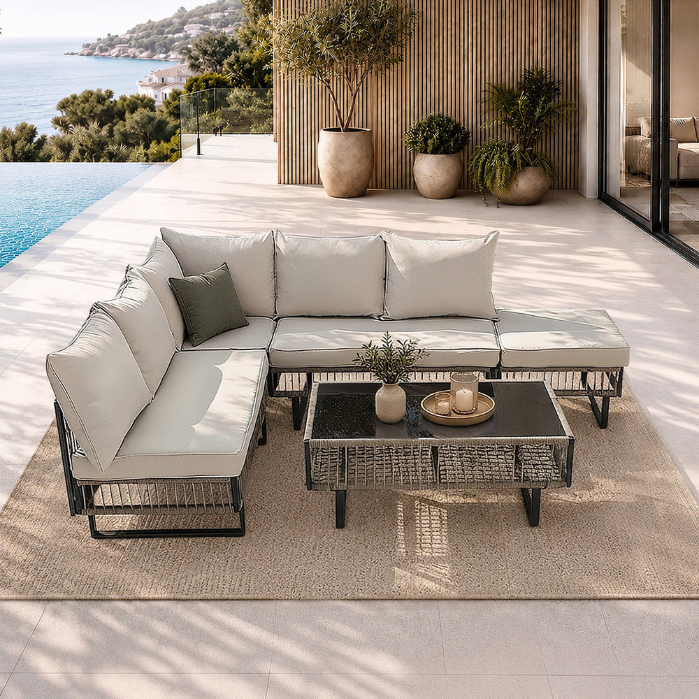 5-Piece Rope Weave Outdoor Sofa Set with Tempered Glass Table, Khaki
