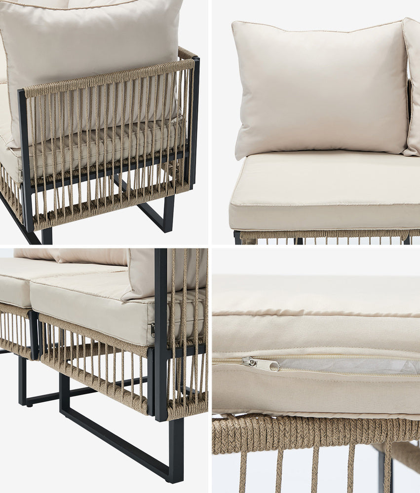5-Piece Rope Weave Outdoor Sofa Set with Tempered Glass Table, Khaki