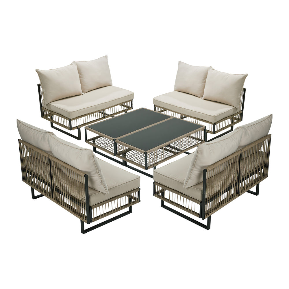 8 Seater Outdoor Sofa Set with Table, Rope Weave, Khaki, 150kg Cap
