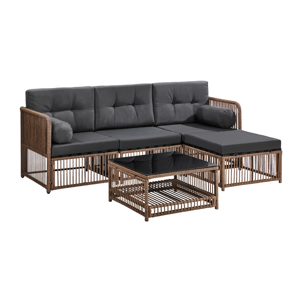 Livsip 4 Seater Outdoor Sofa Set 5PCS Wicker Lounge Setting Glass Table Ottoman
