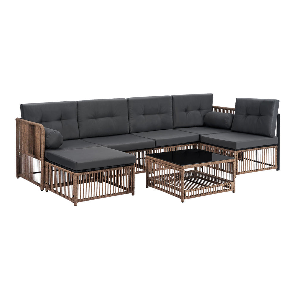 Livsip 6 Seater Outdoor Sofa Set 7PCS Wicker Lounge Patio Setting Table Ottoman