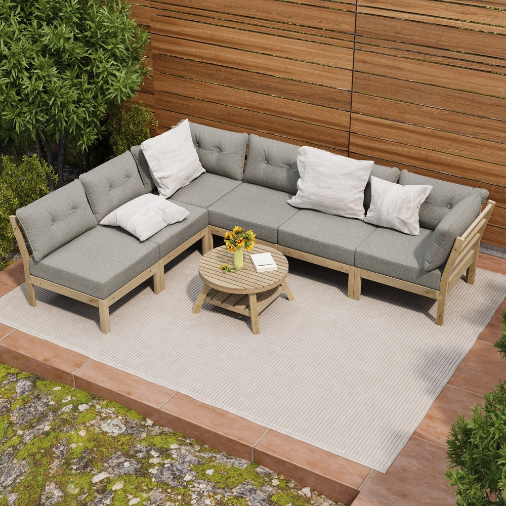 7‑Seater Outdoor Sofa Set Beige – Wood Frame, Cushions & Coffee Table