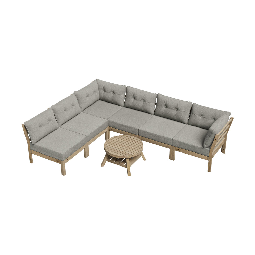 7‑Seater Outdoor Sofa Set Beige – Wood Frame, Cushions & Coffee Table