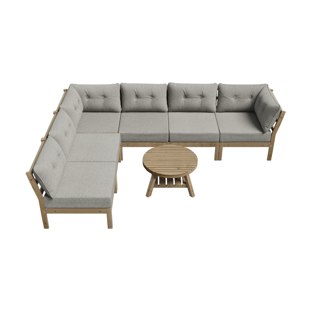 7‑Seater Outdoor Sofa Set Beige – Wood Frame, Cushions & Coffee Table
