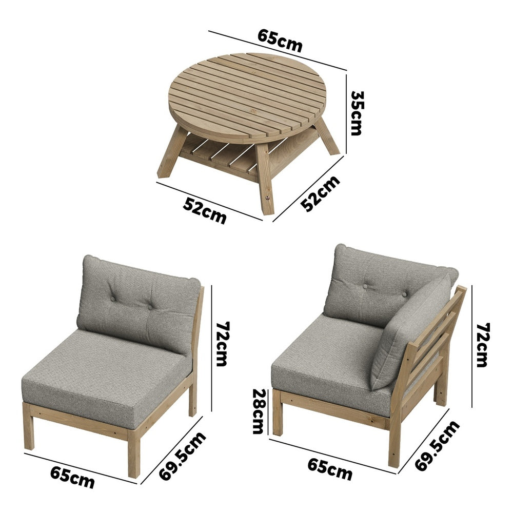 7‑Seater Outdoor Sofa Set Beige – Wood Frame, Cushions & Coffee Table