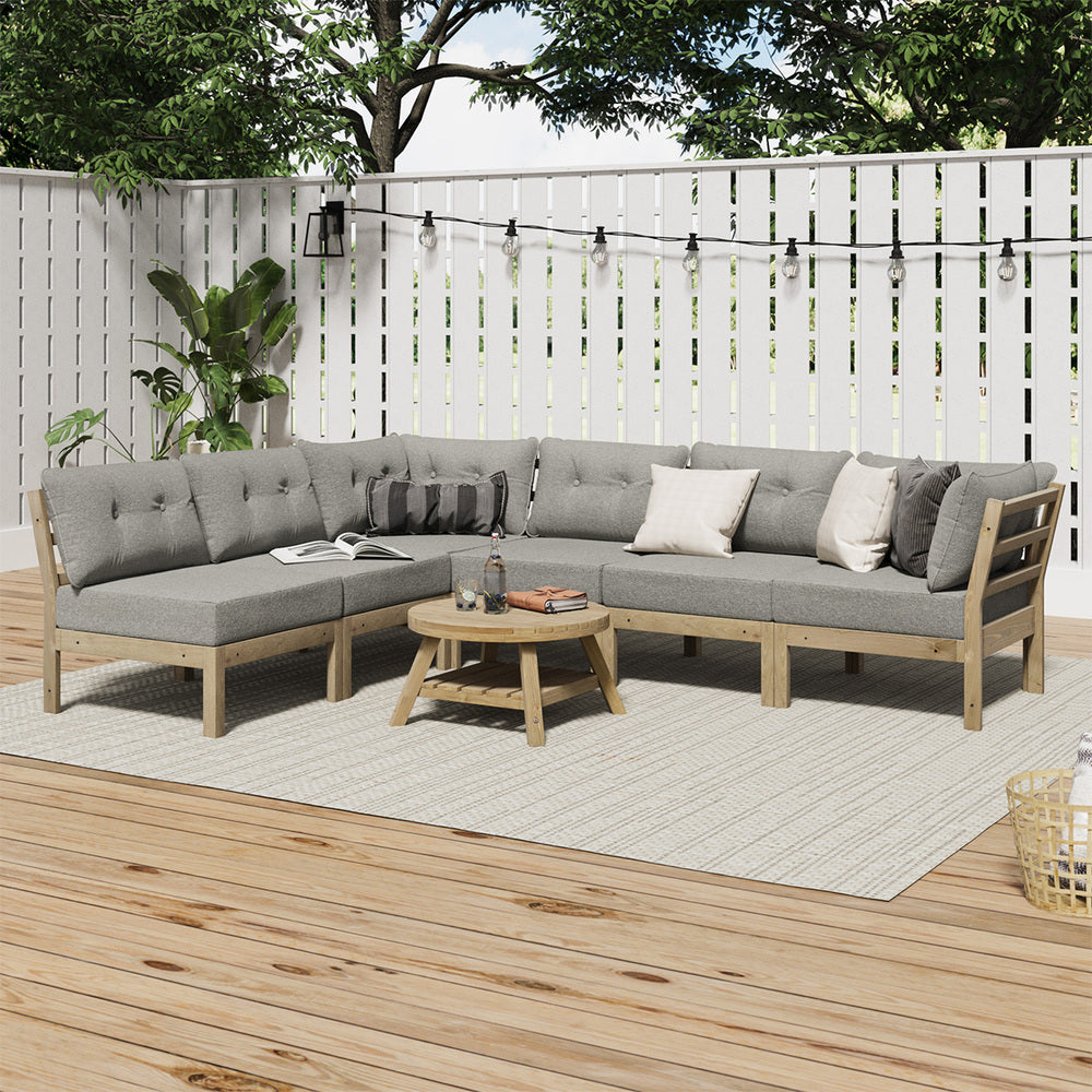 7‑Seater Outdoor Sofa Set Beige – Wood Frame, Cushions & Coffee Table