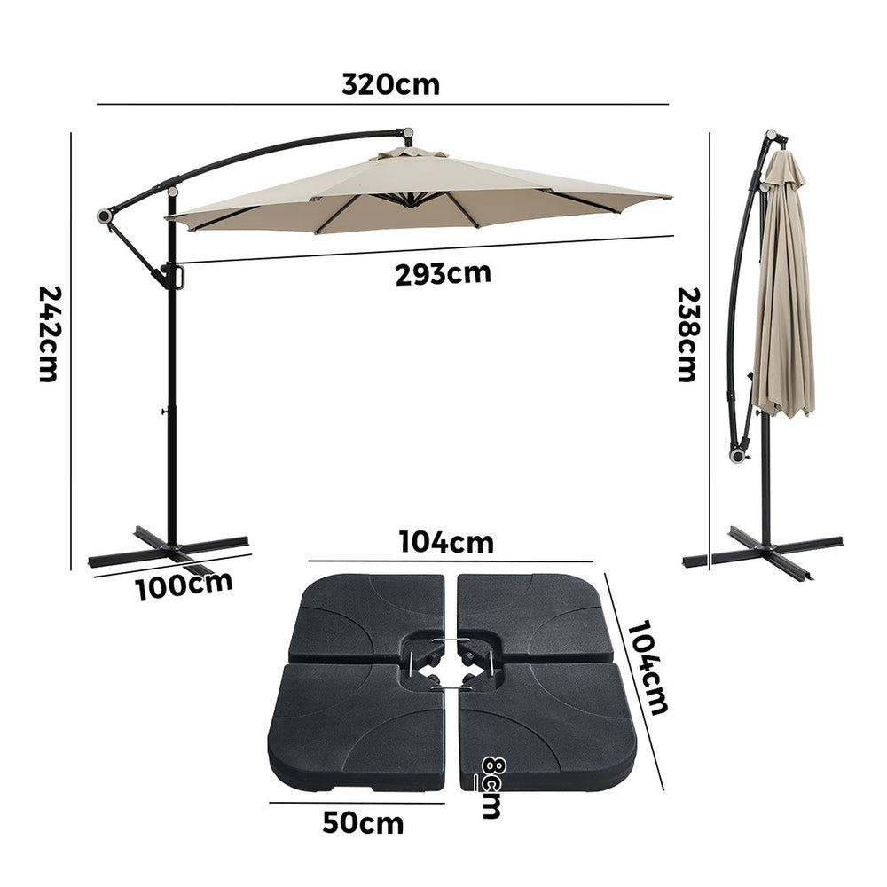 Livsip 3m Cantilever Umbrella, 360° Rotation, 60kg Base Included, Beige
