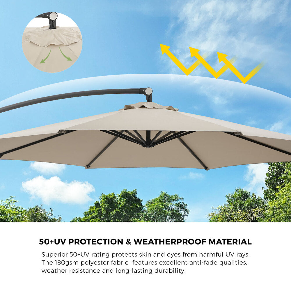 Livsip 3m Cantilever Umbrella, 360° Rotation, 60kg Base Included, Beige