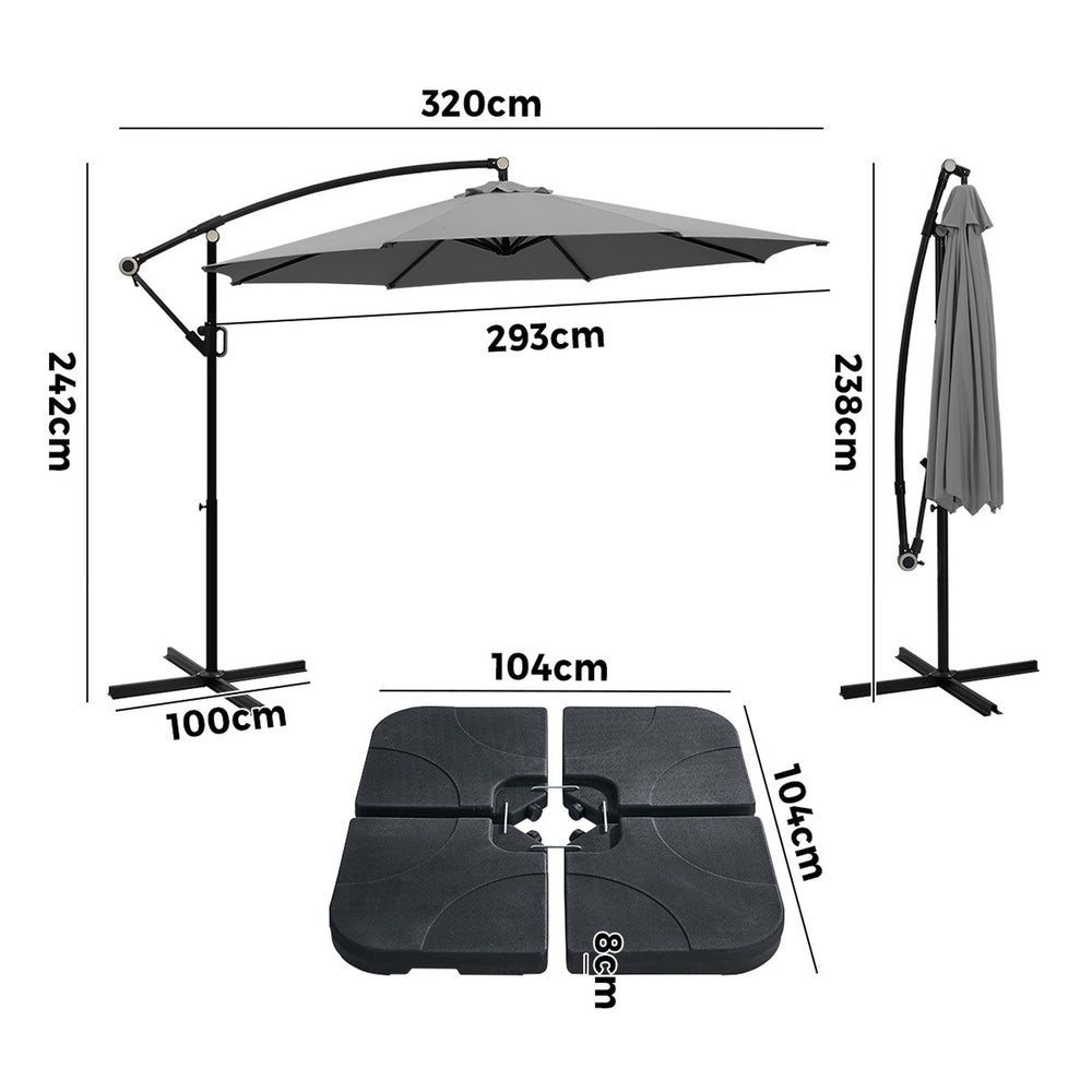 Livsip 3m Cantilever Umbrella, 360° Rotation, 60kg Base Included, Charcoal
