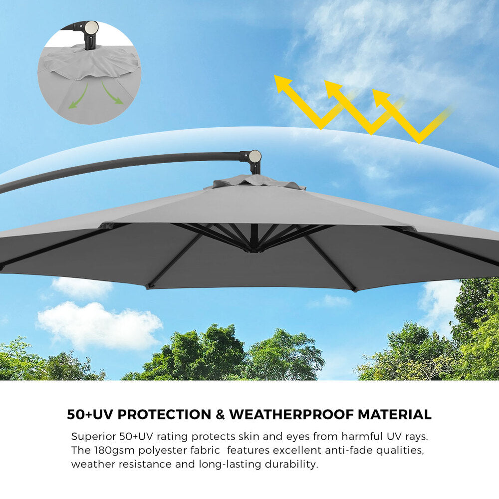 Livsip 3m Cantilever Umbrella, 360° Rotation, 60kg Base Included, Charcoal
