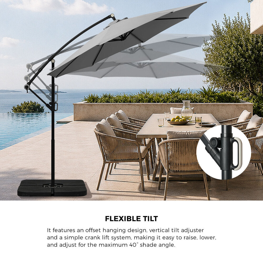Livsip 3m Cantilever Umbrella, 360° Rotation, 60kg Base Included, Charcoal