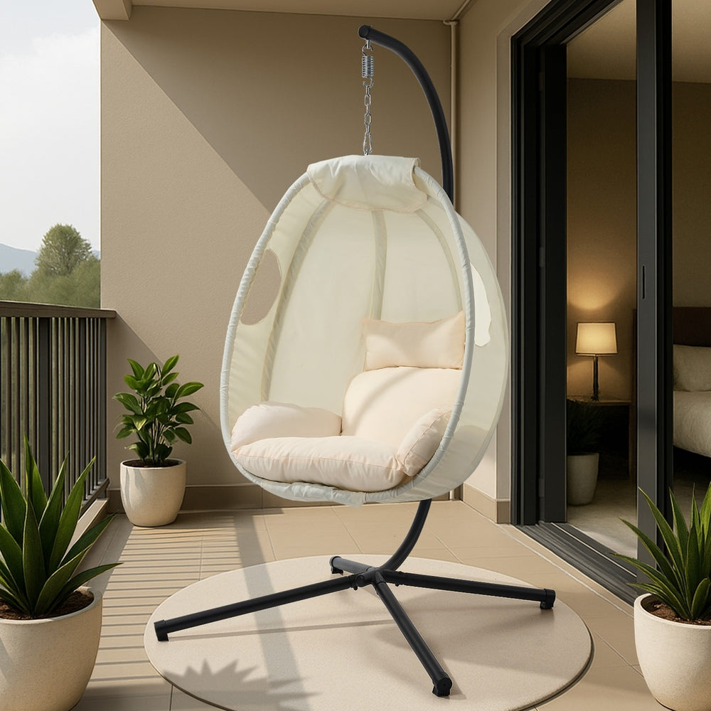 Livsip Outdoor Egg Hanging Chair Swing Seat with Stand Cushions Beige