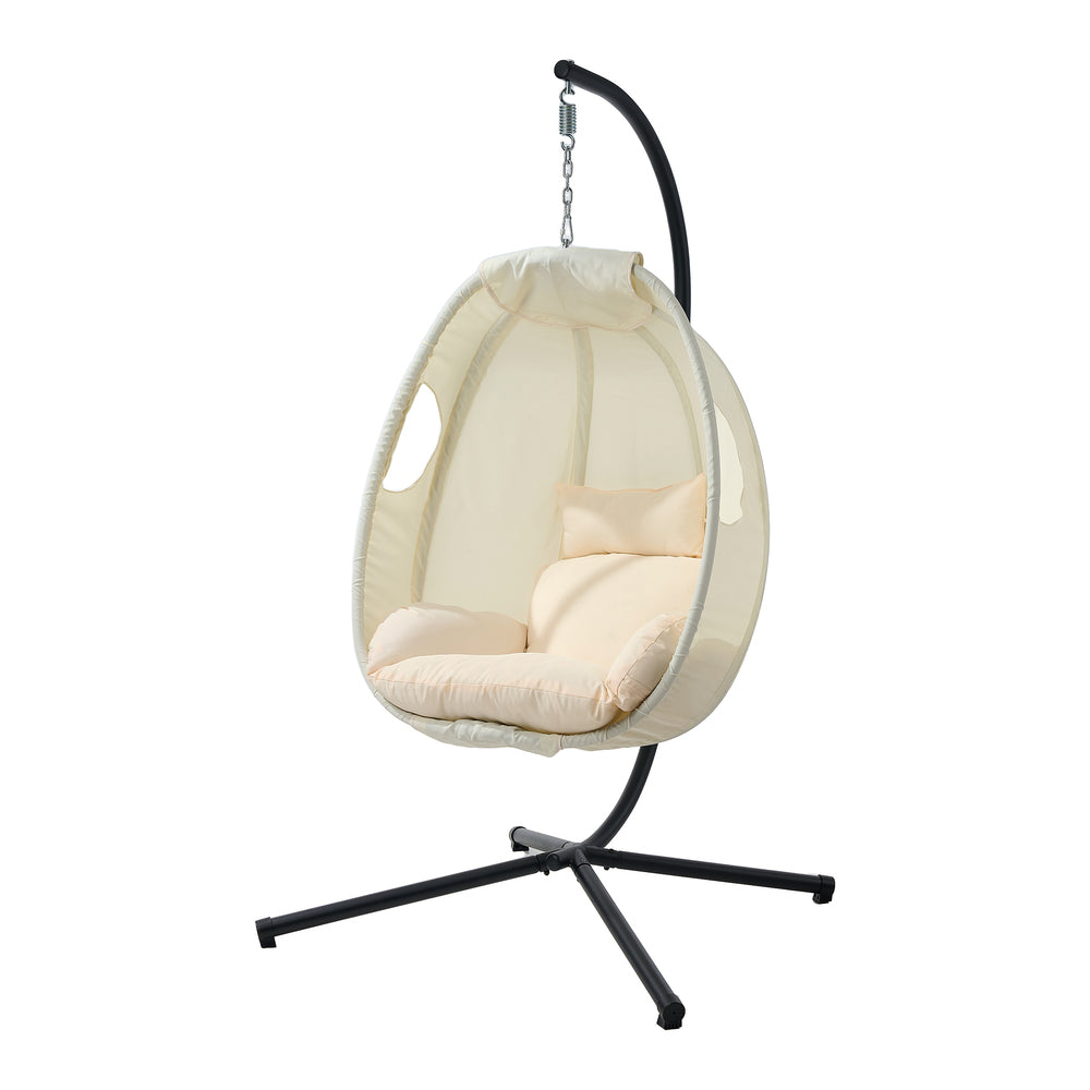 Livsip Outdoor Egg Hanging Chair Swing Seat with Stand Cushions Beige