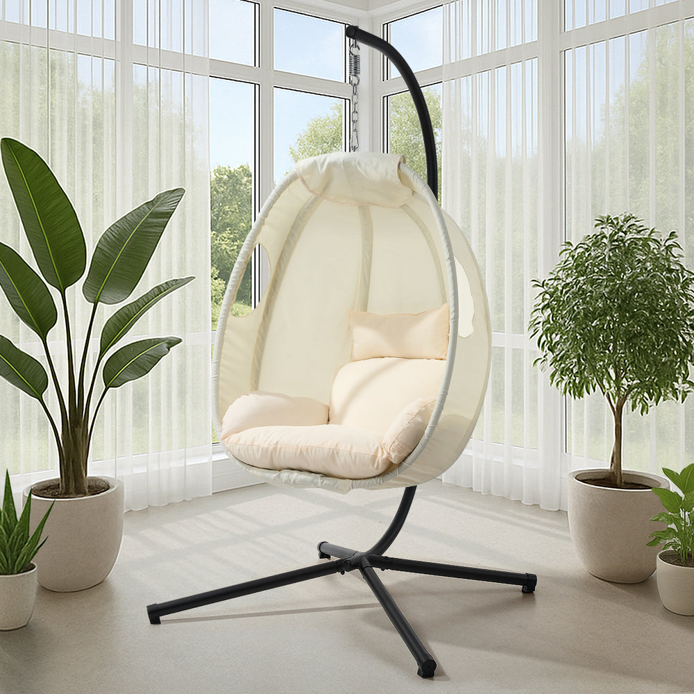 Livsip Outdoor Egg Hanging Chair Swing Seat with Stand Cushions Beige