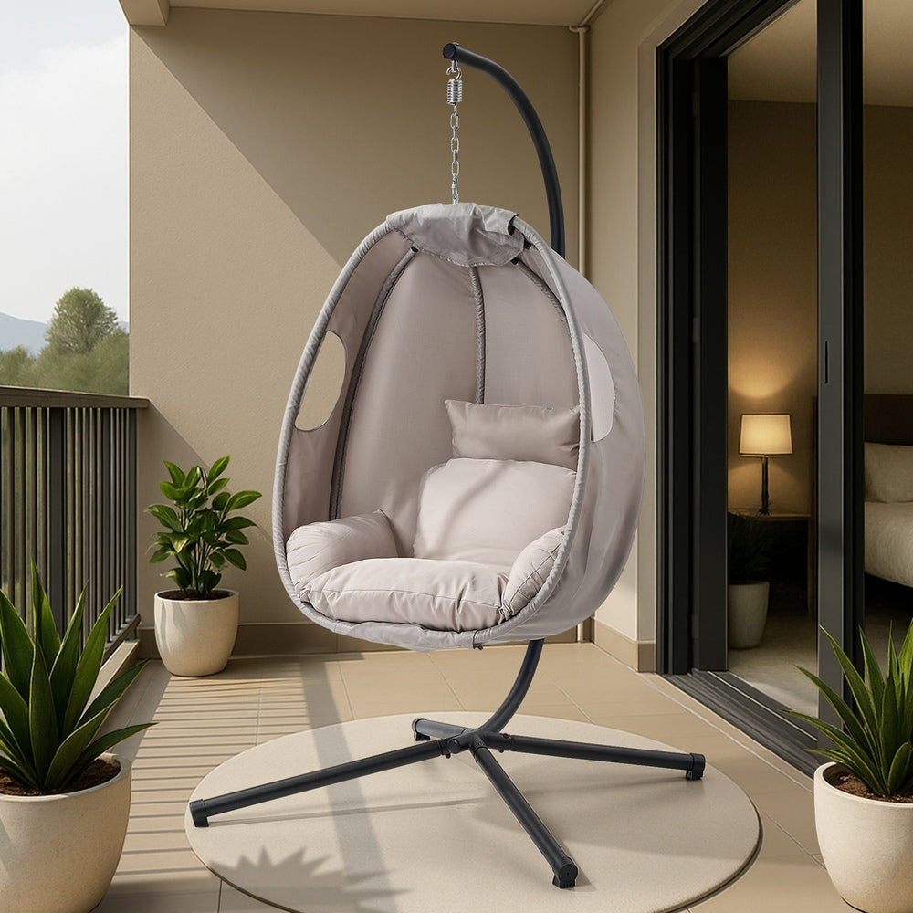 Livsip Outdoor Egg Hanging Chair Swing Seat with Stand Cushions Grey