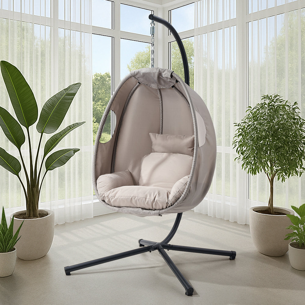 Livsip Outdoor Egg Hanging Chair Swing Seat with Stand Cushions Grey