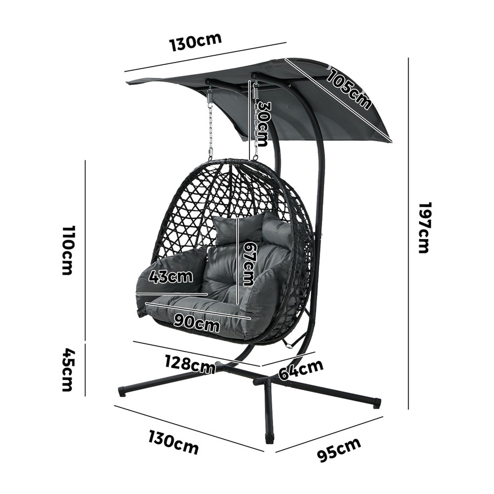 Swing Chair 2 Seater Hanging Egg Chair with Adjustable Canopy Black