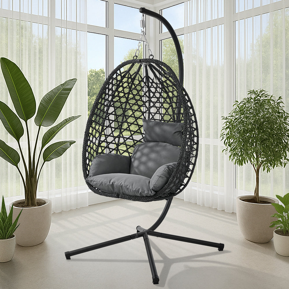 Livsip Rattan Hanging Egg Chair with Steel Stand, Black, Free-Standing