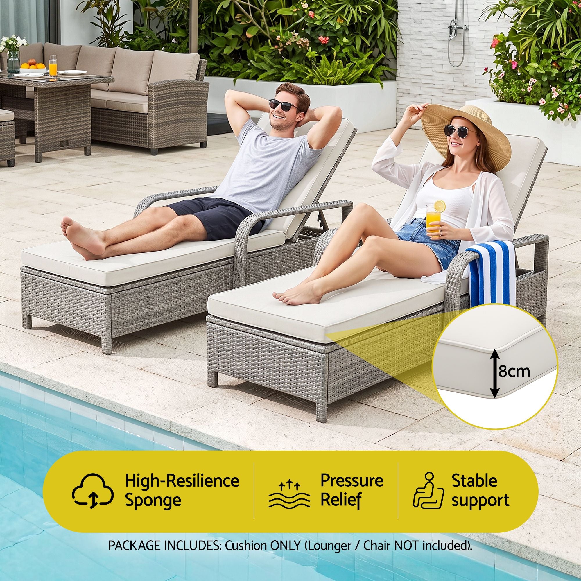 Outdoor Chaise Lounge Cushion Lounge Chair Pad Sunbed Mattress Beige