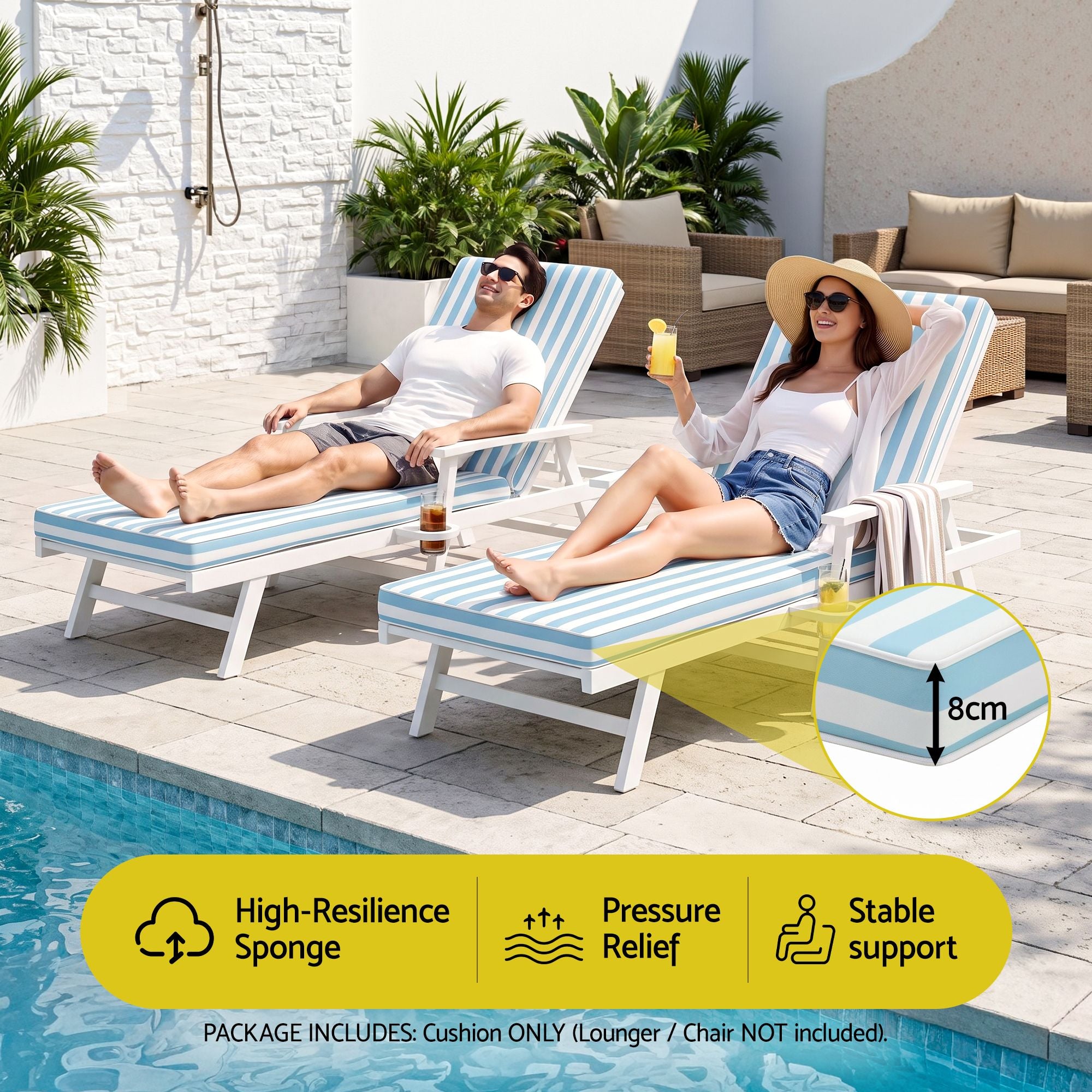 Outdoor Chaise Lounge Cushion Lounge Chair Pad Sunbed Mattress Blue