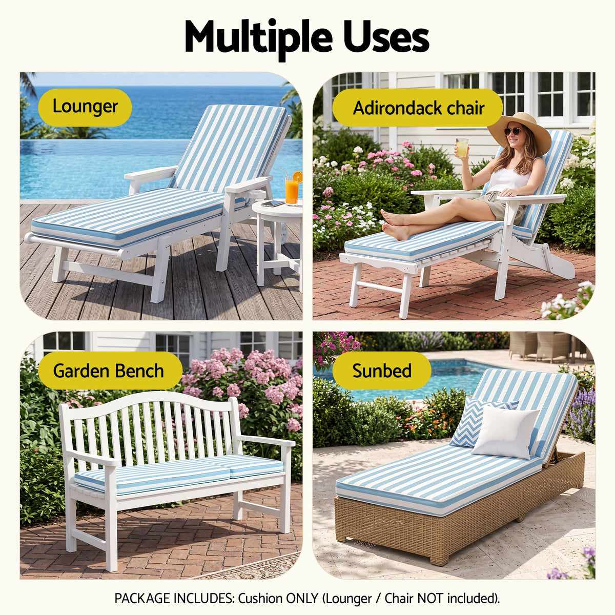 Gardeon Outdoor Sun Lounger Cushion 183cm, 8cm Thick Chaise Lounge Pad, Blue