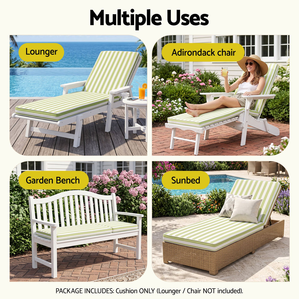 Gardeon Outdoor Sun Lounger Cushion 183cm, 8cm Thick Chaise Lounge Pad, Green