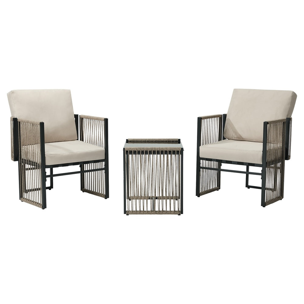 3 Pieces Outdoor Patio Set with Cushions Woven Rope
