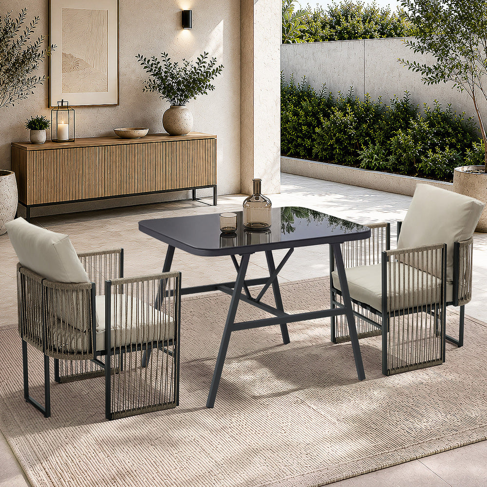 5-Piece Outdoor Patio Set with Glass Table, Rope-Woven, 150kg Cap