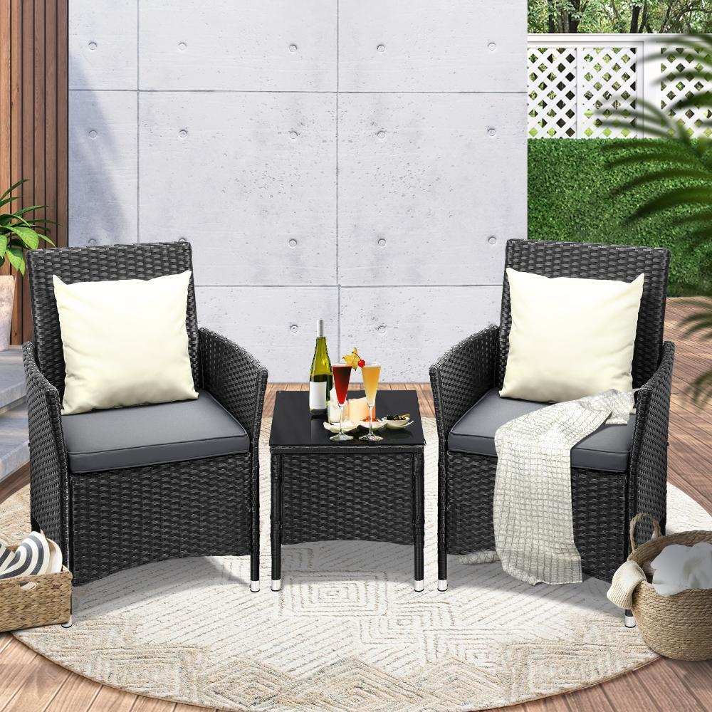 Outdoor Furniture Patio Chairs Table 3PCS Black