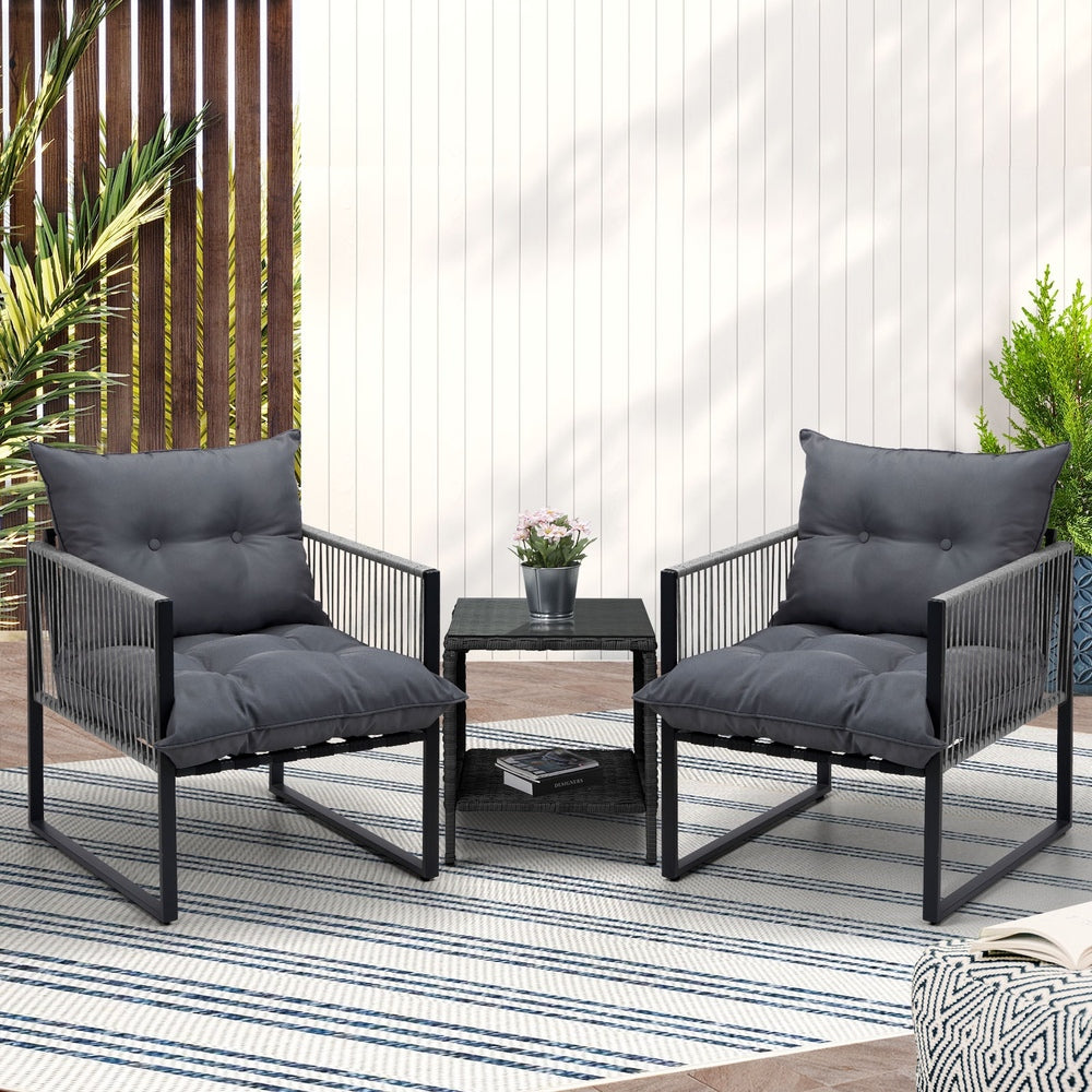3PCS Outdoor Patio Set Wicker Table Chairs with Cushions