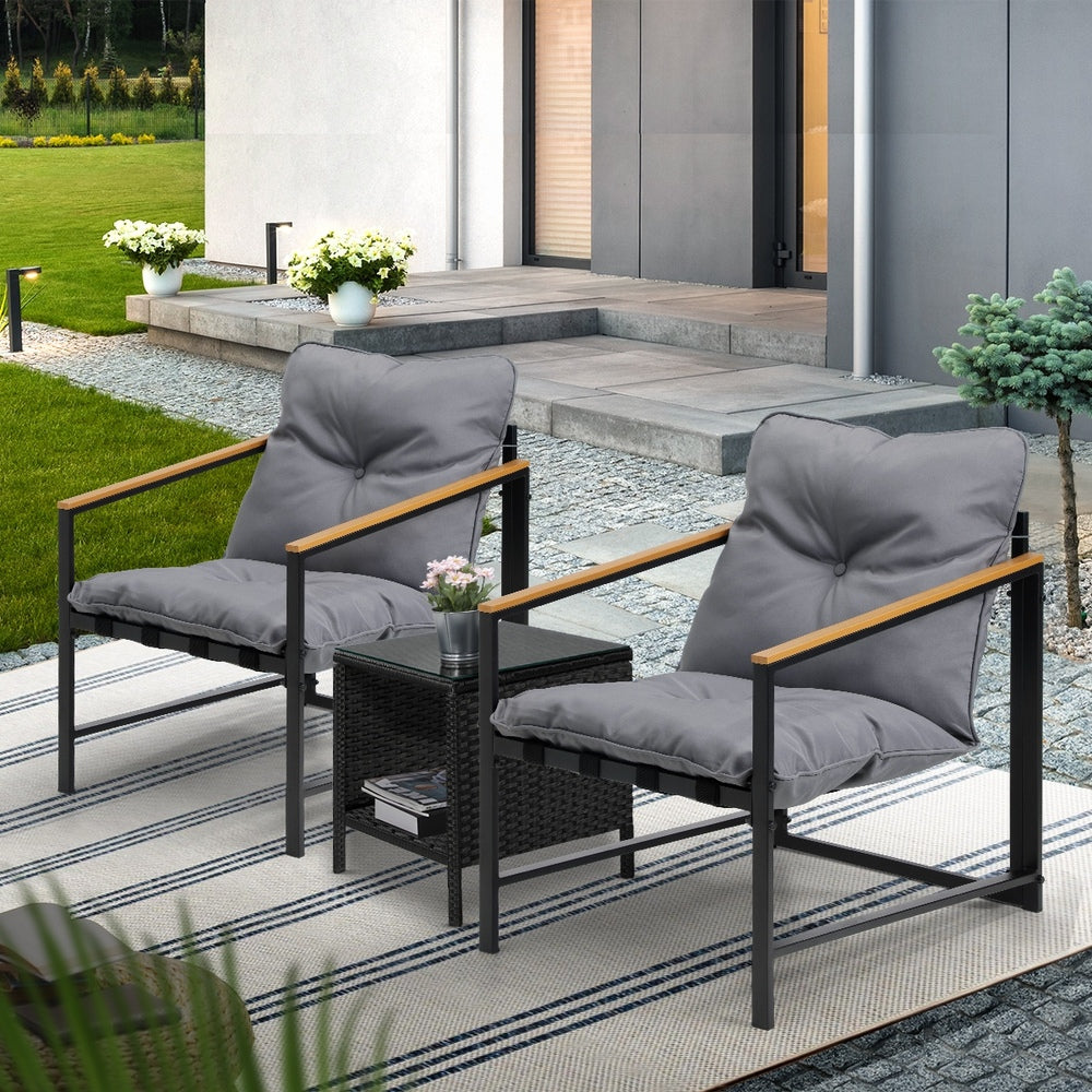 3 Piece Outdoor Patio Set Metal Chairs Rattan Table