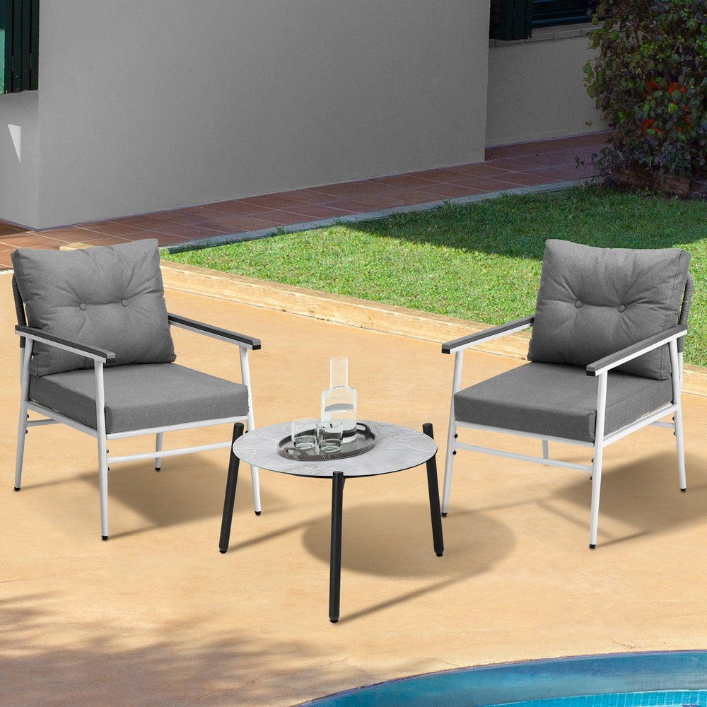 3 Piece Outdoor Patio Set 50cm Table Grey and White Armchair