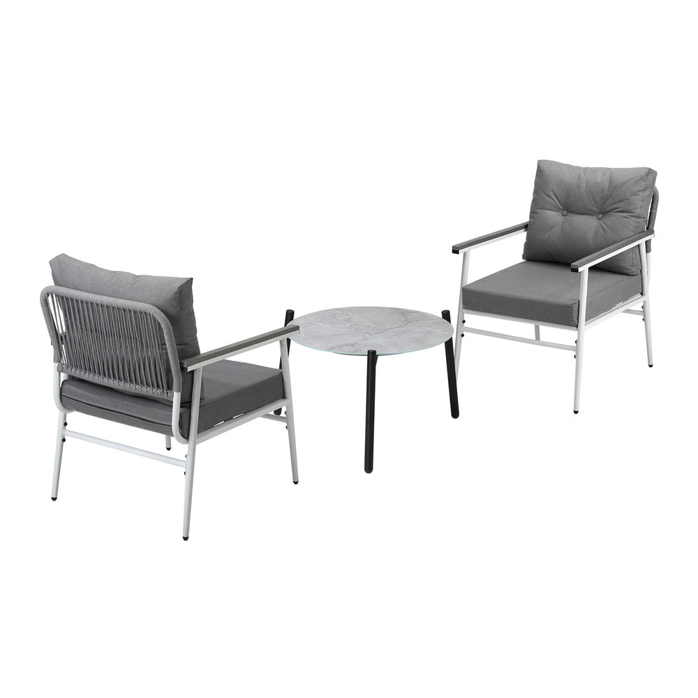 3 Piece Outdoor Patio Set 50cm Table Grey and White Armchair