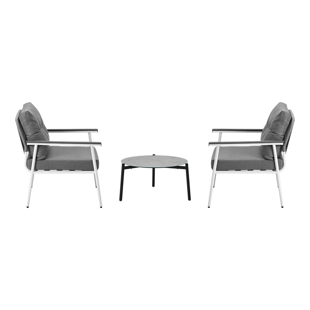 3 Piece Outdoor Patio Set 50cm Table Grey and White Armchair