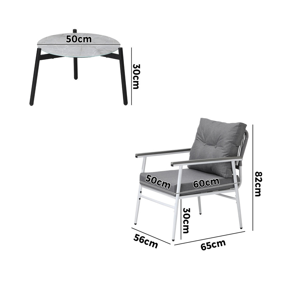 3 Piece Outdoor Patio Set 50cm Table Grey and White Armchair