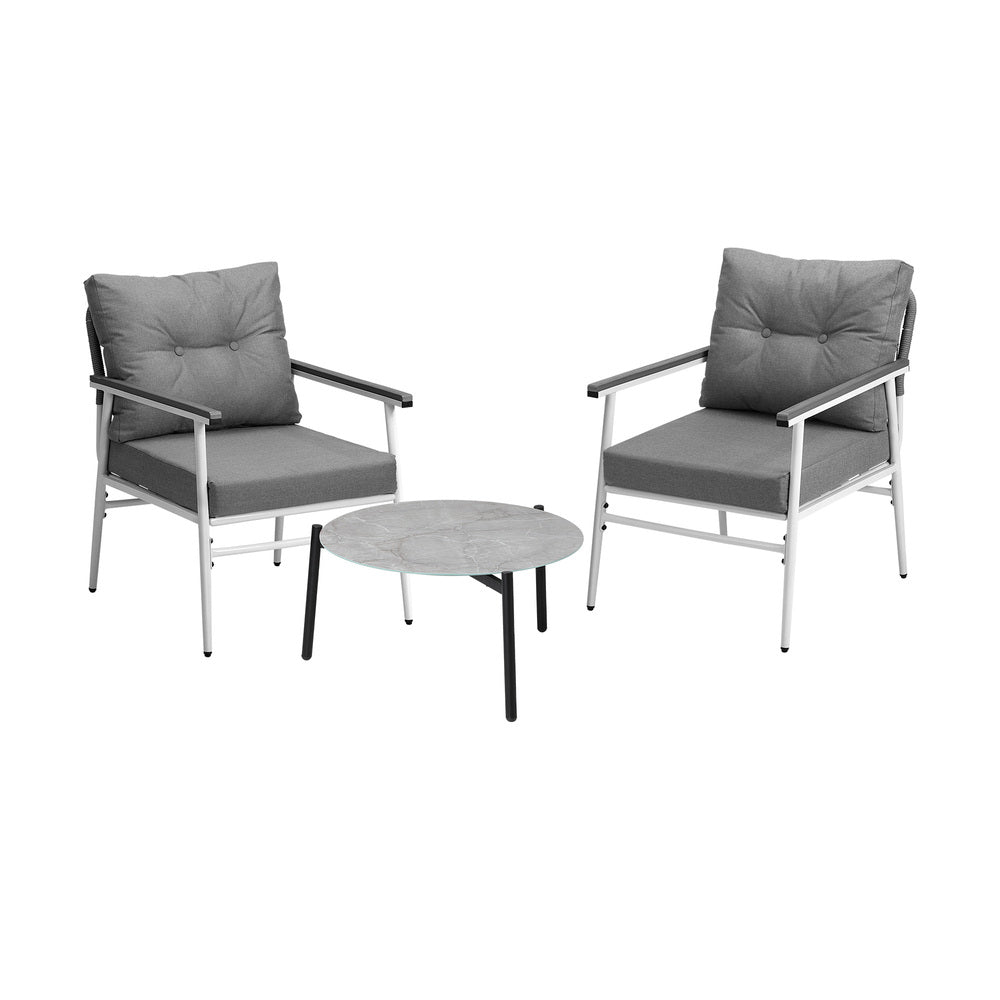 3 Piece Outdoor Patio Set 50cm Table Grey and White Armchair