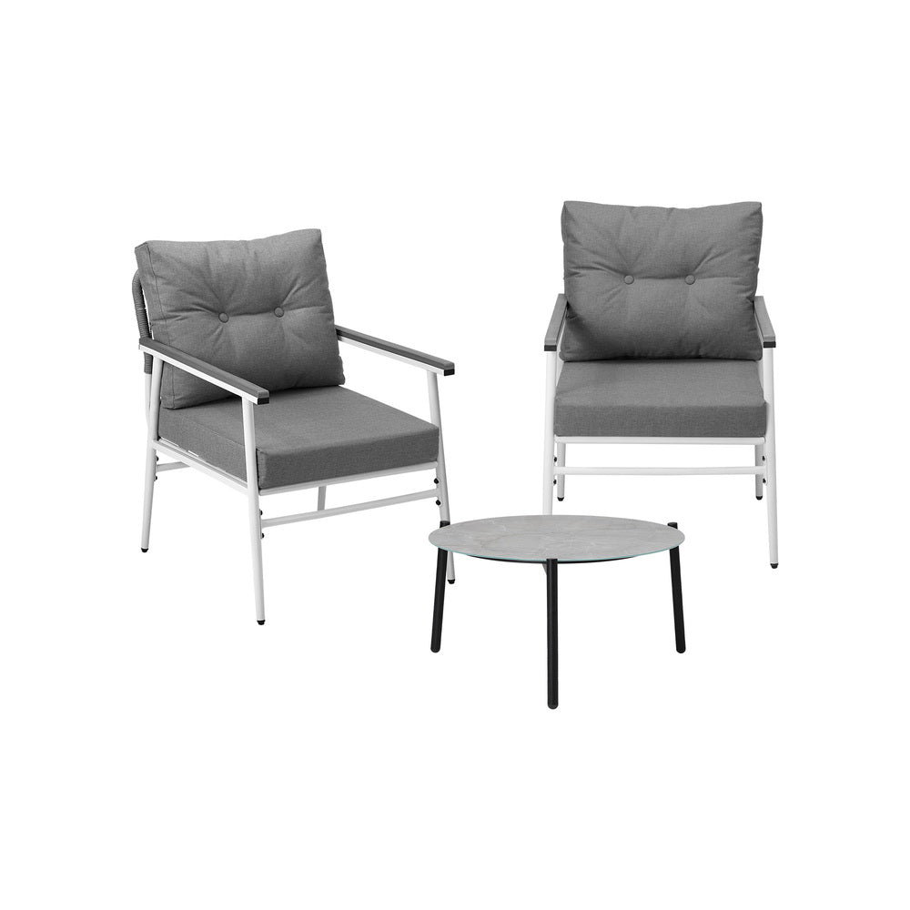 3 Piece Outdoor Patio Set 50cm Table Grey and White Armchair